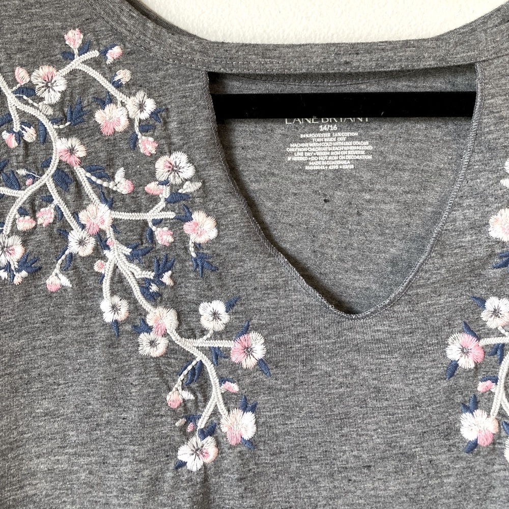 Lane Bryant Floral Embroidered Choker Tee, Gray - Picture 3 of 6